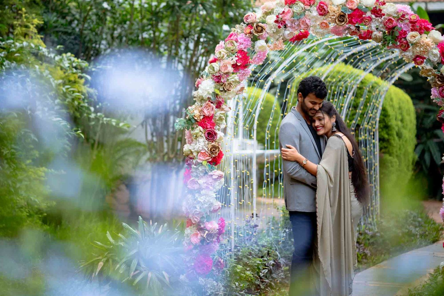 Couple portrait during a pre-wedding shoot in Bangalore — natural light, candid moment